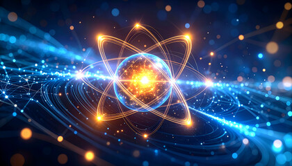 Obraz premium Futuristic science concept showing quantum entanglement through glowing strings and particles.