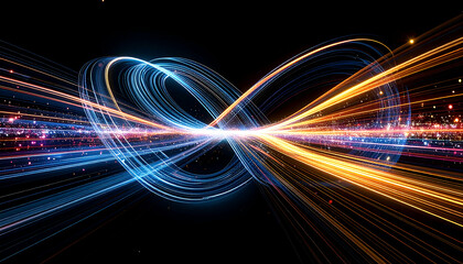 Colorful motion trails illustrate particles in superposition against a dark, abstract backdrop.