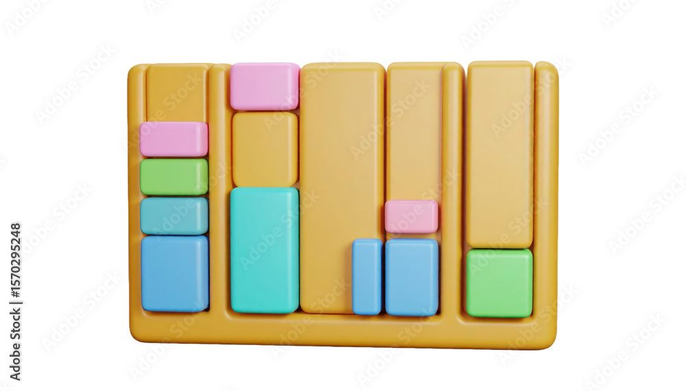 Poster colorful geometric blocks arranged in a grid on yellow base with various sizes and heights isolated 