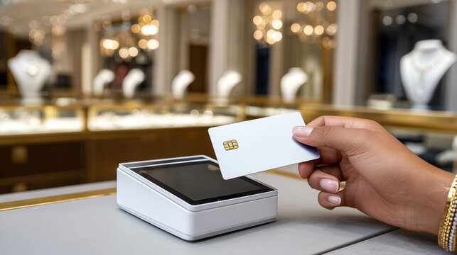 Blank chip credit card presented for payment at a point-of-sale terminal inside an upscale jewelry boutique, symbolizing luxury spending and secure transactions