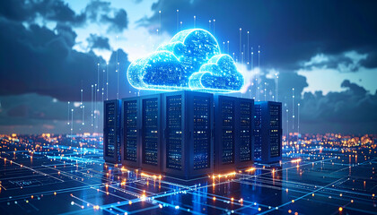 Sky-based server clouds emitting binary rain, symbolizing advanced cloud computing.