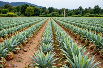 the image shows a field cultivated with rows of a tropical fruit. the fruits are visible along the rows on the dirt ground, each crowned with spiky green leaves