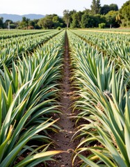 the image shows a cultivated field with rows of plants stretching into the distance. the plants feature long, pointed leaves that create a pattern