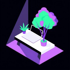 Isometric view of a minimalist desk with a laptop and plants.
