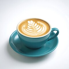 Teal-colored coffee cup with latte art.