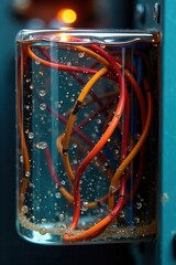 Intricate Electrical Wiring Submerged in Translucent Oil Close-Up View of Transformer Interior