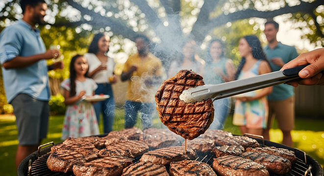 Happy diverse group enjoying a summer backyard barbecue with delicious grilled steaks