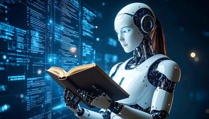 Cyborg immersed in digital reading, with glowing code fragments and algorithm visuals in ambient low light.