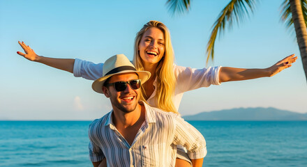 Joyful Summer Romance: Couple on Piggyback Ride at Tropical Beach