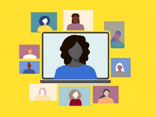 Group video call illustration with diverse participants.