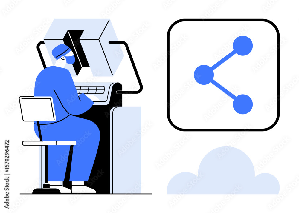 Poster man sitting at desk, using a computer, next to a sharing icon and cloud graphic. ideal for technolog