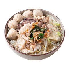 Thai noodles soup with sliced pork, minced pork, meatball and liver in a bowl, Traditional Thai...