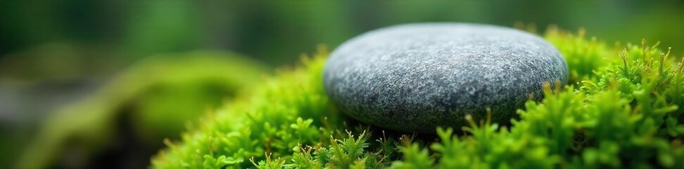 Tranquil Grey Stone Nestled in Lush Moss Peaceful Nature Scene, Relaxation and Serenity