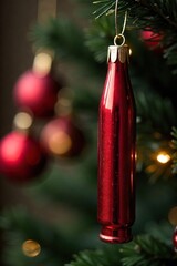 Sparkling Red Christmas Ornament Close-Up Festive Holiday Decoration Hanging on Garland, Perfect for Winter Themes and Holiday Cards