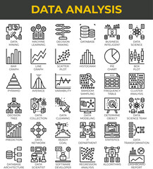 Data analysis icons Machine learning decision making database and data science.