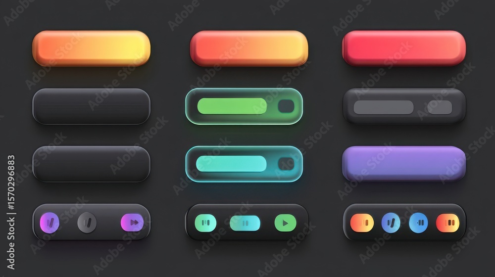 Poster collection of colorful digital interface buttons and controls.