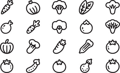 Healthy Food Line Icons. Editable Stroke.Vegetables line icon set. Vector pictograms of broccoli, potato, onion, garlic, lettuce, spinach, pepper, cucumber, pumpkin, turnip, celery, cabbage, mushroom,