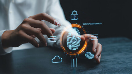 Person interacting with digital fingerprint security interface hands fingers
