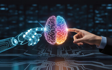 Robotic hand human finger touching glowing brain circuit board artificial intelligence
