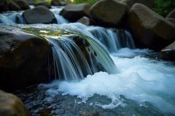Serene Rocky Riverbed Cascade  Close-up of glistening water streaming over smooth, dark stones, creating small waterfalls and whitewater. Perfect for nature, background, and power imagery.