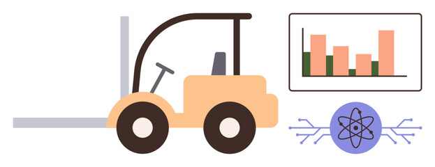 Forklift lifting material with performance chart and atom symbol representing innovation, logistics, and efficiency. Ideal for industry, technology, automation, productivity, analysis, supply chain