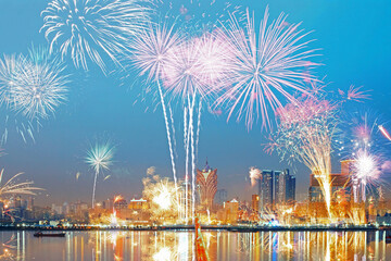 Fototapeta premium China Macau city skyline fireworks bloom
