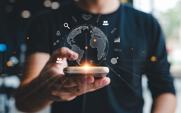 Person holding phone with global network icons technology