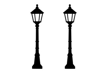 Silhouettes of vintage street lamps isolated on white background