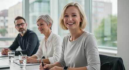 This image shows a blonde woman smiling at the camera during a meeting with two colleagues.