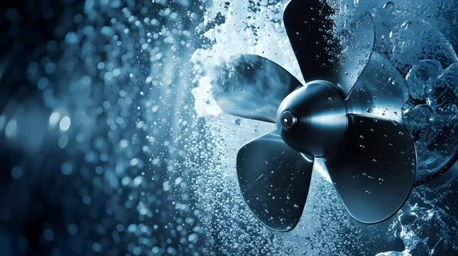 A bladed silver propeller spins underwater, creating bubbles and turbulence in the deep blue liquid	