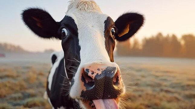 Funny Close-up of a Holstein Cow Licking its Nose	