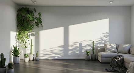 Modern minimalist living room interior design with grey sofa, potted plants, and sunlight casting shadows on a white wall – perfect for home decor, interior design, and real estate websites.