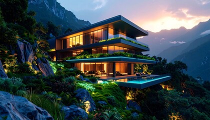 Obraz premium Modern Mountain Home with Pool at Twilight Amidst Lush Greenery