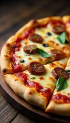 Golden-Brown Crust Pizza with Savory Italian Sausage, Melted Mozzarella, and Vibrant Tomato Sauce ? A Delicious Italian Pizzeria Experience