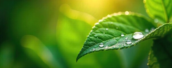 Sunlit Leaf with Sparkling Water Droplets Ethereal Morning Dew, Purity and Renewal
