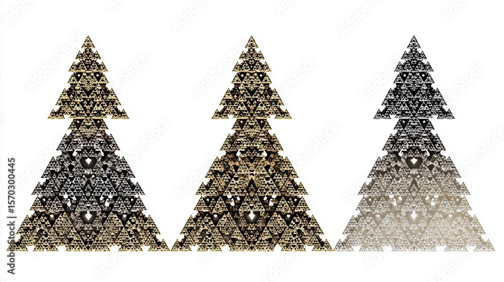 Poster three abstract christmas trees with intricate fractal patterns.