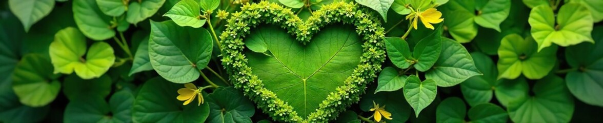 Lush Green Heart of Leaves and Flowers A Close-Up Symbol of Natures Love and Environmentalism, Ideal for Eco-Friendly Brands and Sustainability Campaigns.