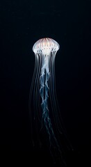 An ethereal, bioluminescent jellyfish floating gracefully in the dark, deep ocean. Its long, glowing tentacles create beautiful, abstract light trails. Photorealistic.
