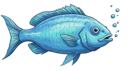Blue Pixel Art Fish with Bubbles on Transparent Background