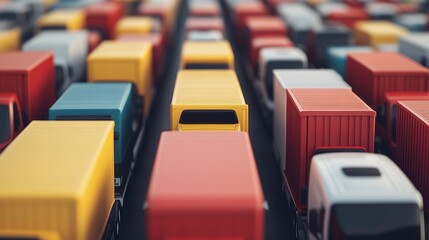 Colorful trucks form a dense traffic jam.