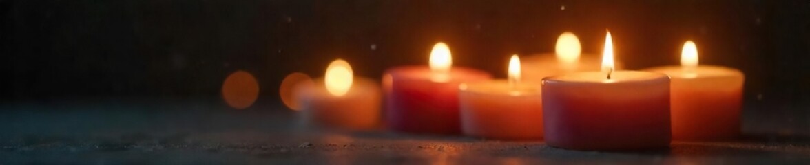 Serene Candlelight Glow Close-Up of Lit Candles Illuminating a Dark Background, Perfect for Relaxation, Meditation, Spa, and Spiritual Themes