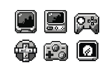 8-bit Retro Gaming Pixel Art Icon Set. Monochrome Arcade Sprites with Dithering. Vintage Video Game Symbols