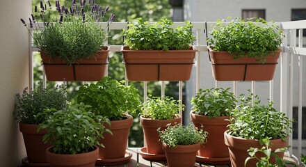 Vibrant Herb and Lavender Garden on a Sunny Balcony: A Collection of Fresh Herbs in Terracotta Pots, Perfect for Culinary Use and Relaxation