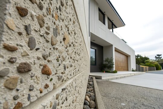 Modern Home Exterior with Unique Textured Pebble Stone Wall