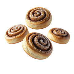 Fototapeta premium Four Cinnamon Rolls with Sugar Spirals against Isolated Transparent Background