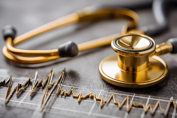 Golden stethoscope with heartbeat graph on dark background representing luxury medical care and cardiology
