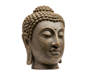 Buddha Head Sculpture in Brown Ceramic on Transparent Background