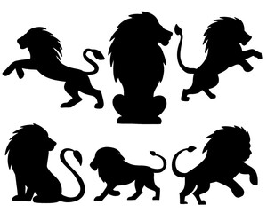 Collection of lion silhouettes set, lion icons in various poses, black color, isolated on white background

