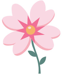 Minimalist flat design of pink flower with stem and leaves. Suitable for spring themes, floral illustrations, greeting cards, or wall art.