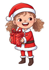 Cartoon Girl in Santa Outfit Holding Red Christmas Present Gift